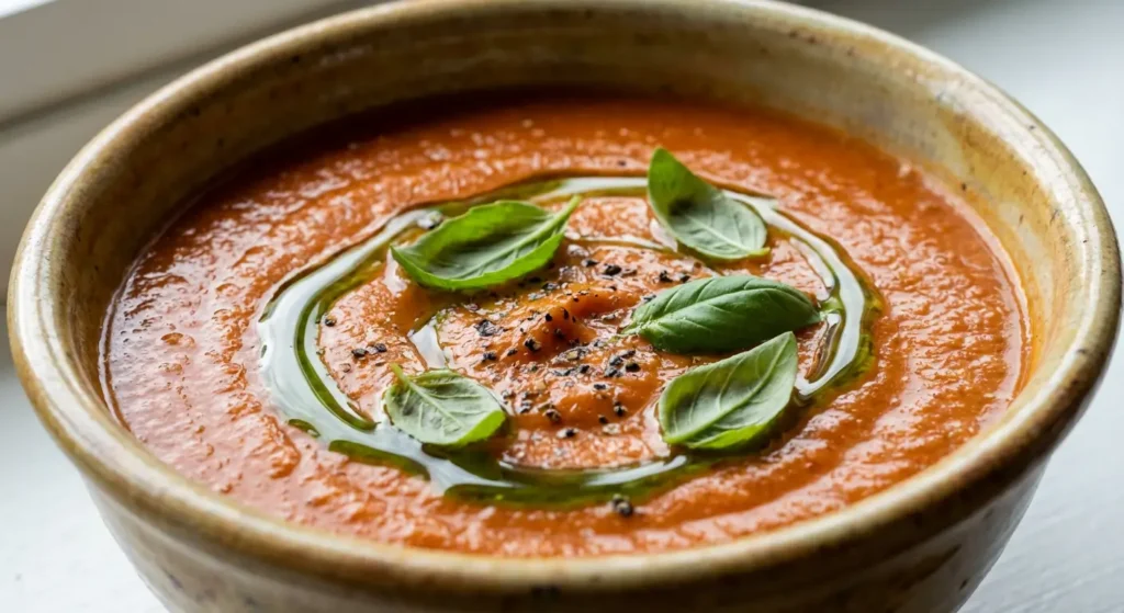 Roasted tomato soup in a rustic ceramic bowl with swirl of cream, fresh basil leaves, black pepper, and olive oil drizzle