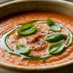 Quick and Easy Roasted Tomato Soup Recipe 7 Roasted tomato soup in a rustic ceramic bowl with swirl of cream, fresh basil leaves, black pepper, and olive oil drizzle