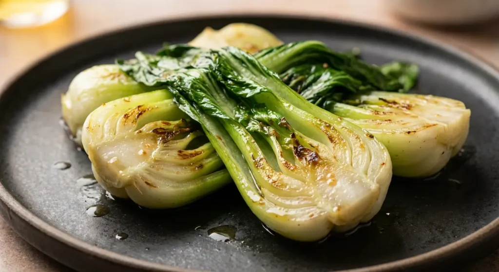 Sautéed bok choy halves on a dark plate, lightly browned and glistening with oil