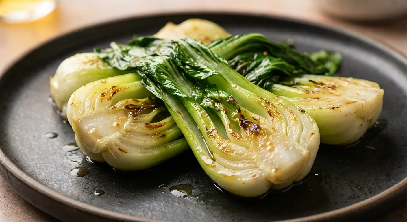 Sautéed bok choy halves on a dark plate, lightly browned and glistening with oil