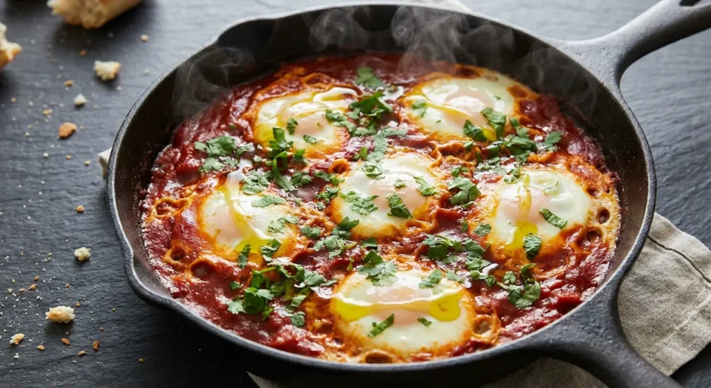 Shakshuka in a cast iron skillet with poached eggs in spiced tomato sauce, garnished with fresh cilantro and steaming hot