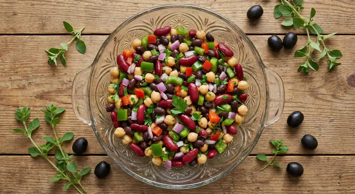 Three-Bean Salad: A Perfect Weeknight Treat 4 Three-bean salad in ornate glass serving bowl on rustic wooden table with chickpeas, kidney beans, black beans, diced bell peppers, red onions, and fresh herbs