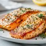 Air fryer honey mustard salmon with a golden glaze and flaky texture on a plate