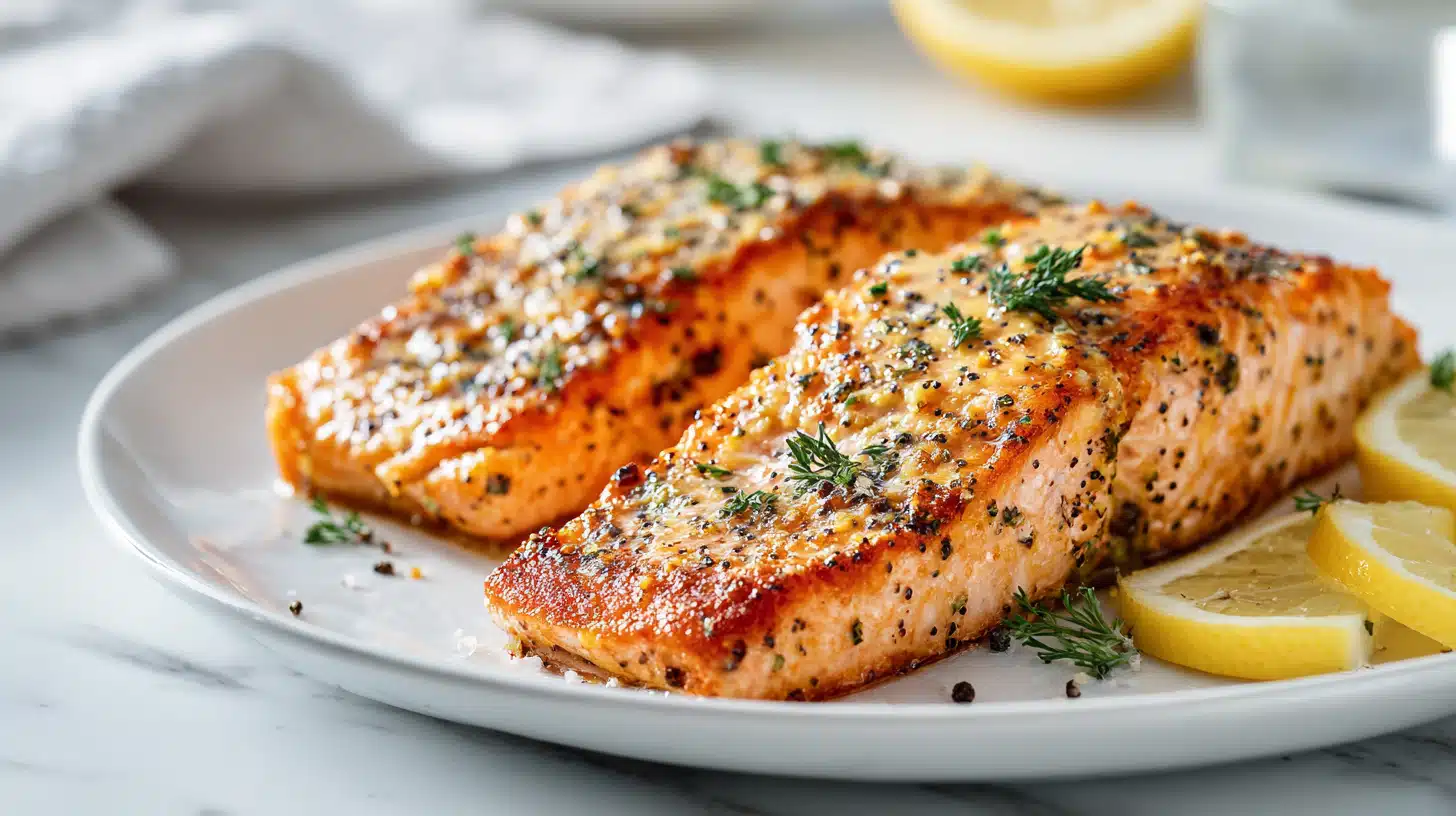 Air fryer honey mustard salmon with a golden glaze and flaky texture on a plate