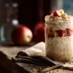 Apple pie overnight oats with cinnamon-spiced apples layered in a jar.