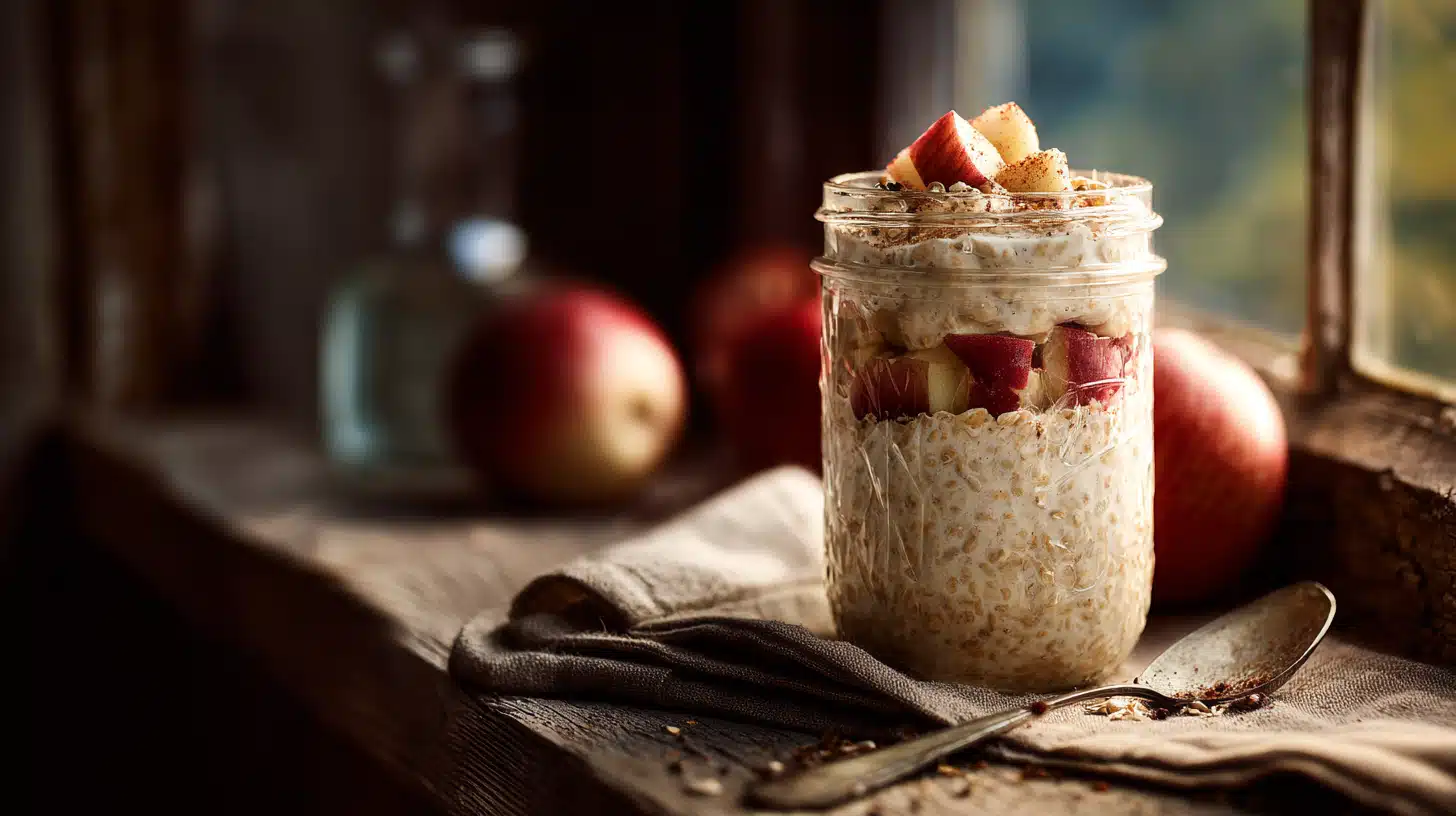 Apple pie overnight oats with cinnamon-spiced apples layered in a jar.