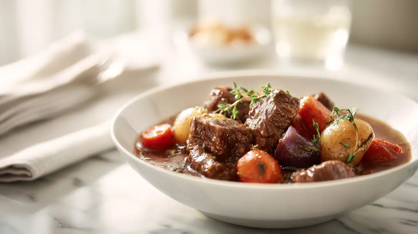 Hearty beef stew with tender beef chunks, potatoes, carrots, and rich broth in a bowl