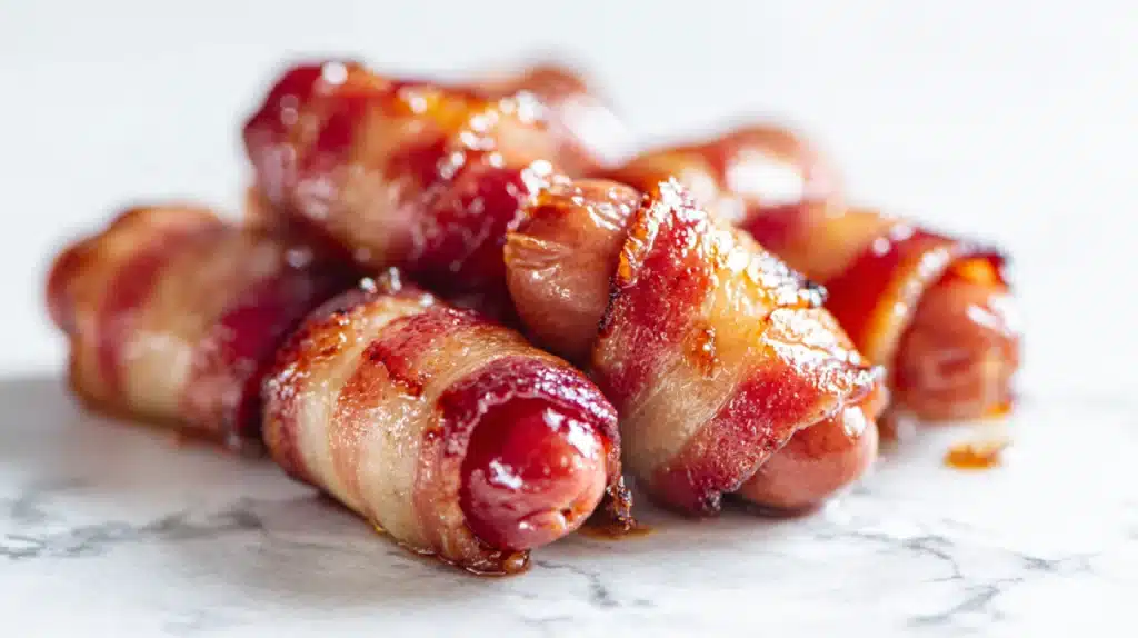 Bacon wrapped little smokies baked until crispy and glazed, served on a platter