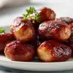 Baked BBQ sausage bites glazed in barbecue sauce and served on a platter