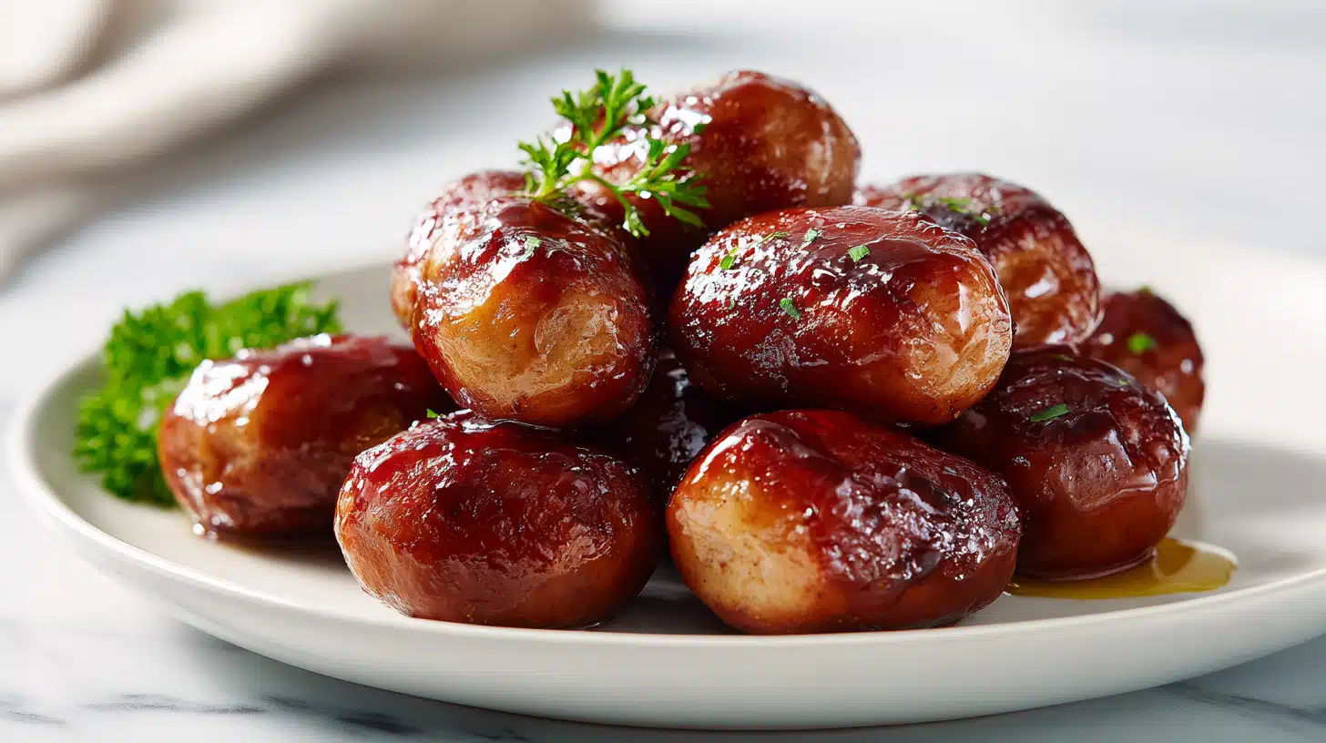 Baked BBQ sausage bites glazed in barbecue sauce and served on a platter