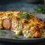 Baked boursin salmon topped with creamy cheese and herbs, served warm.