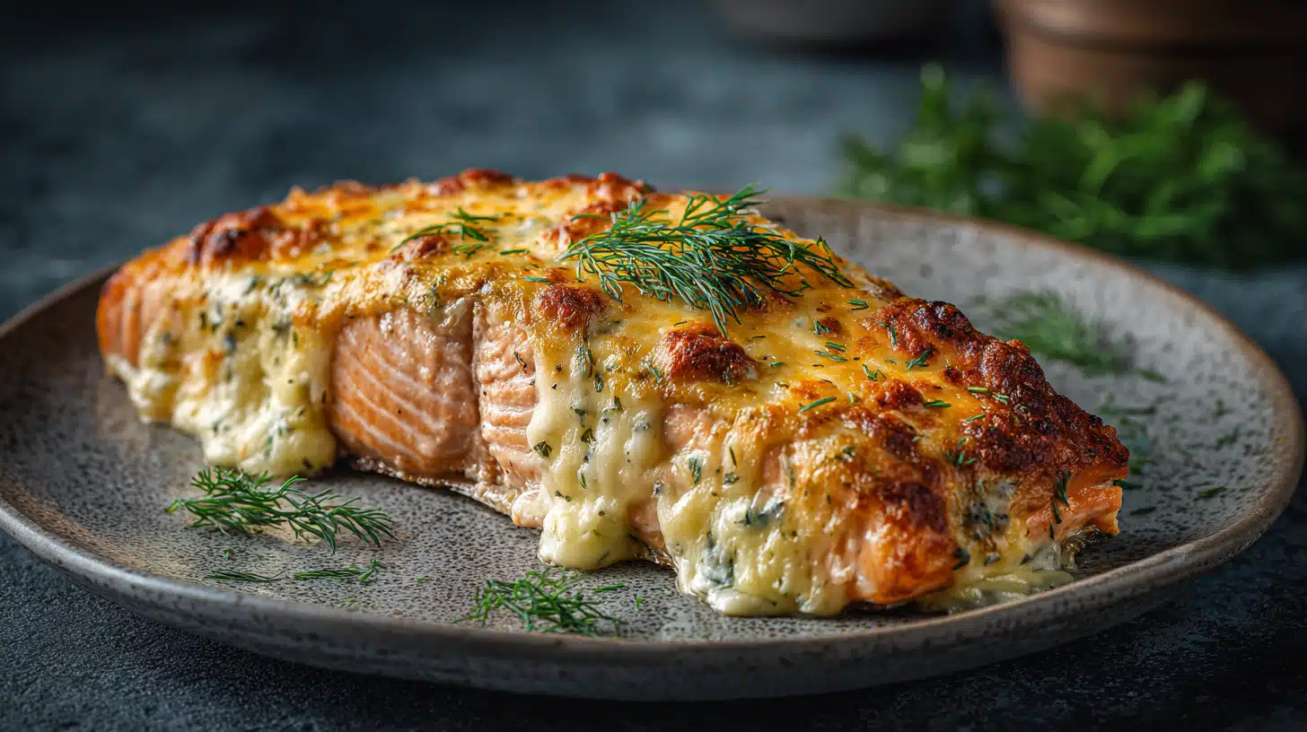 Baked boursin salmon topped with creamy cheese and herbs, served warm.