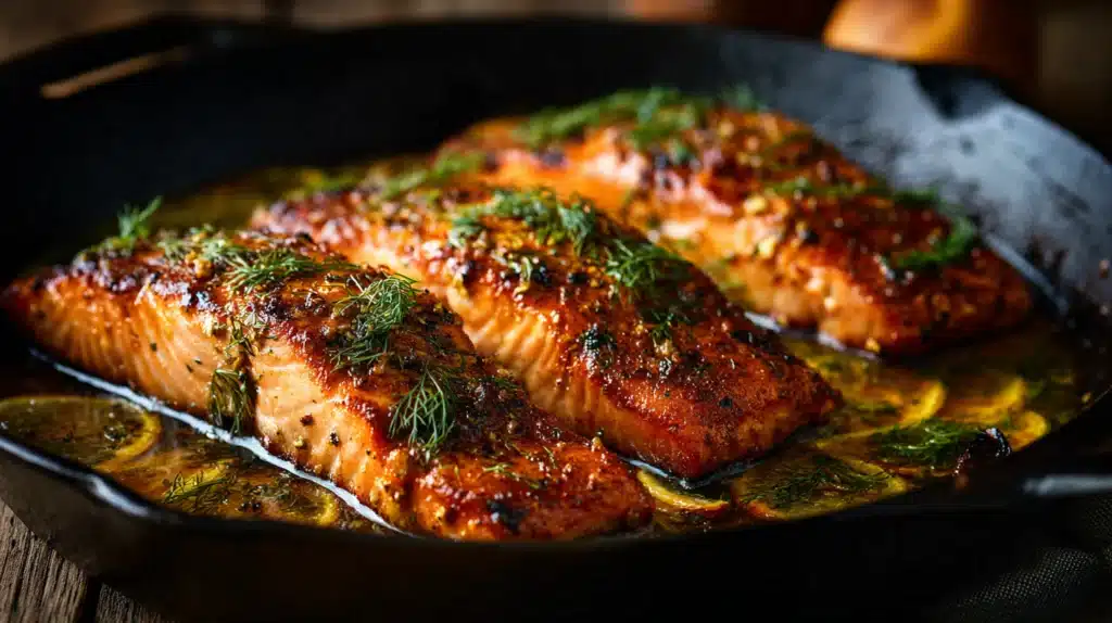 Baked lemon garlic butter salmon with a golden glaze and fresh herbs.