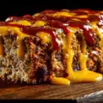 Beef cheeseburger meatloaf sliced to show melted cheese and seasoned beef inside.
