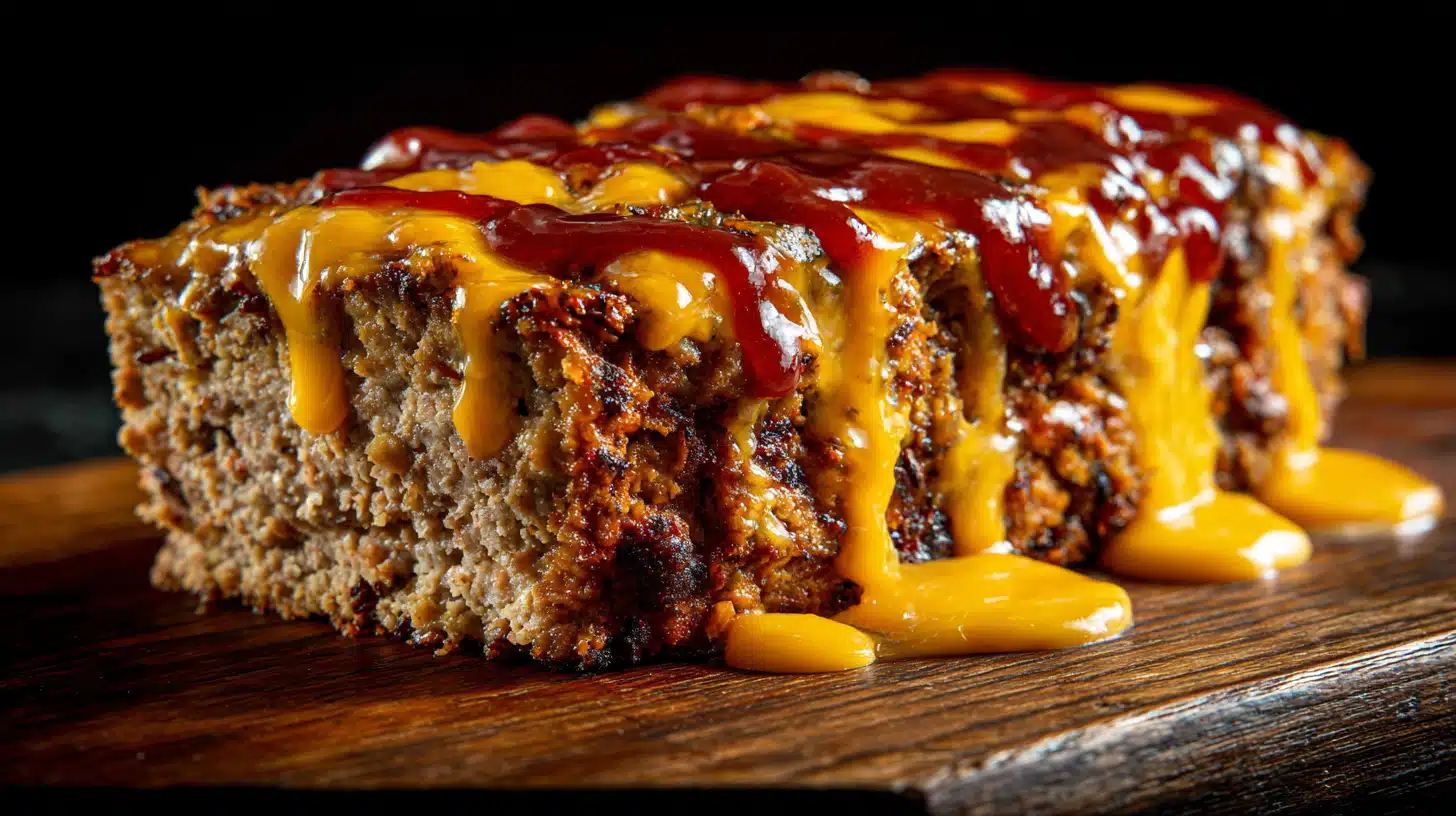 Beef cheeseburger meatloaf sliced to show melted cheese and seasoned beef inside.