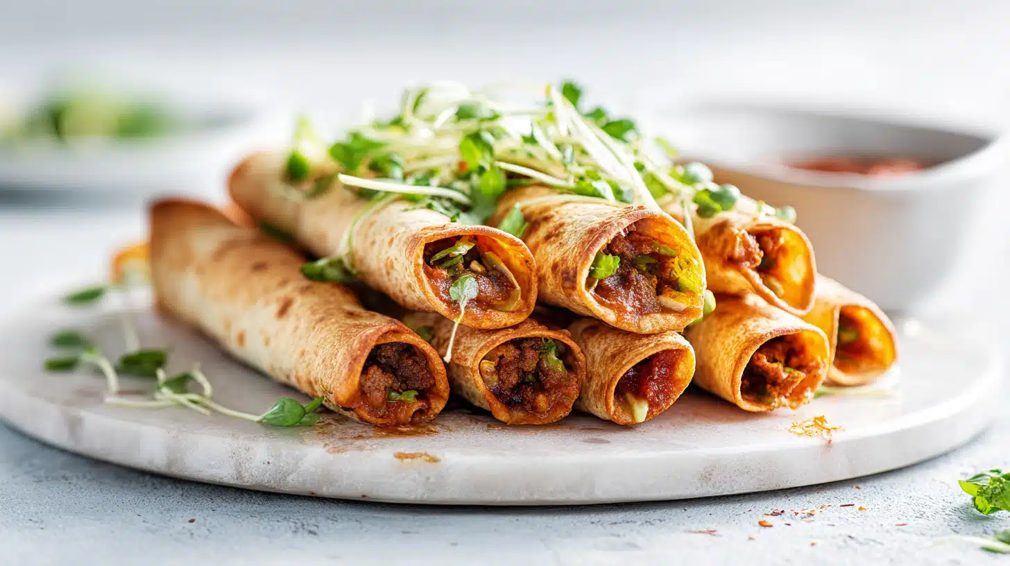 Beef Taquitos: A Family Favorite! 4 Crispy beef taquitos rolled and fried until golden, served with dipping sauces on a plate