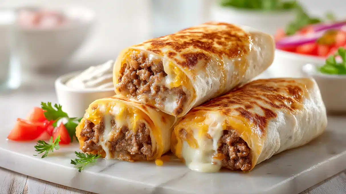 Crispy Beef and Cheese Chimichangas 1 Crispy beef and cheese chimichangas filled with seasoned beef and melted cheese on a plate
