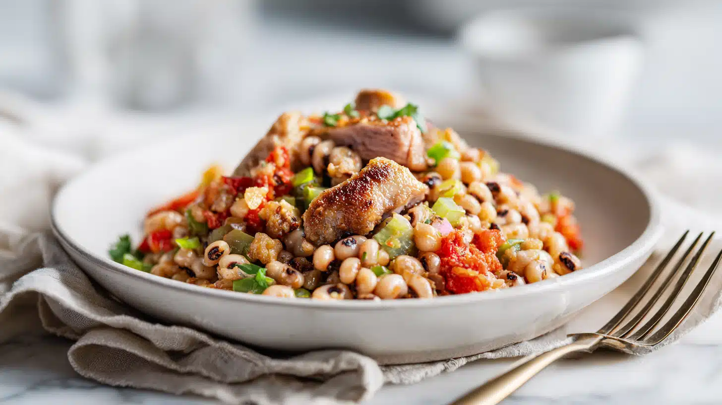 Black-Eyed Peas with Smoked Turkey Wings 4 Black-eyed peas simmered with smoked turkey wings, onions, and spices in a hearty bowl