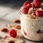 Blended overnight oats with a smooth, creamy texture served in a jar.