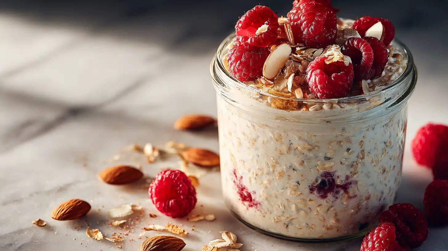 Blended overnight oats with a smooth, creamy texture served in a jar.
