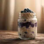 Blueberry overnight oats topped with fresh blueberries in a jar.