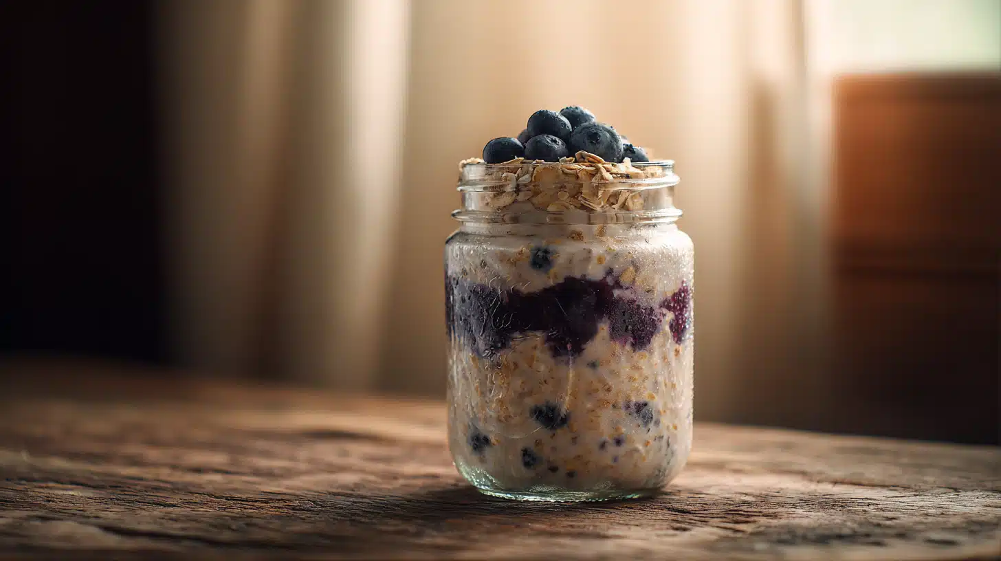 Blueberry overnight oats topped with fresh blueberries in a jar.