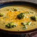 Broccoli Cheddar Soup 7 Creamy broccoli cheddar soup with tender broccoli florets and melted cheddar cheese in a bowl