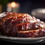 Alt Text: Brown Sugar Meatloaf on decorative silver platter with glossy dark brown sugar glaze, sliced to show tender interior, with warm ambient lighting in background