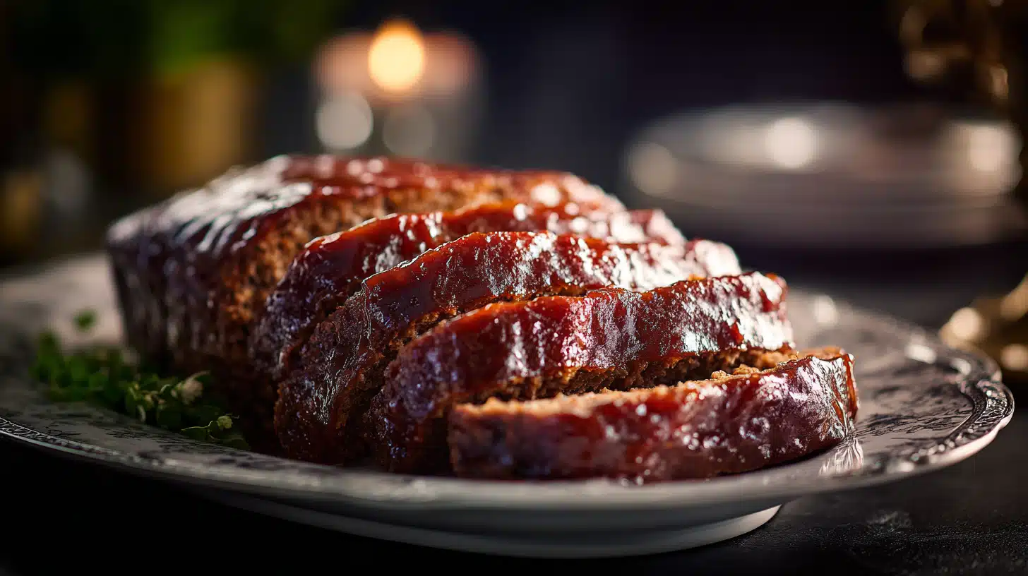 Alt Text: Brown Sugar Meatloaf on decorative silver platter with glossy dark brown sugar glaze, sliced to show tender interior, with warm ambient lighting in background
