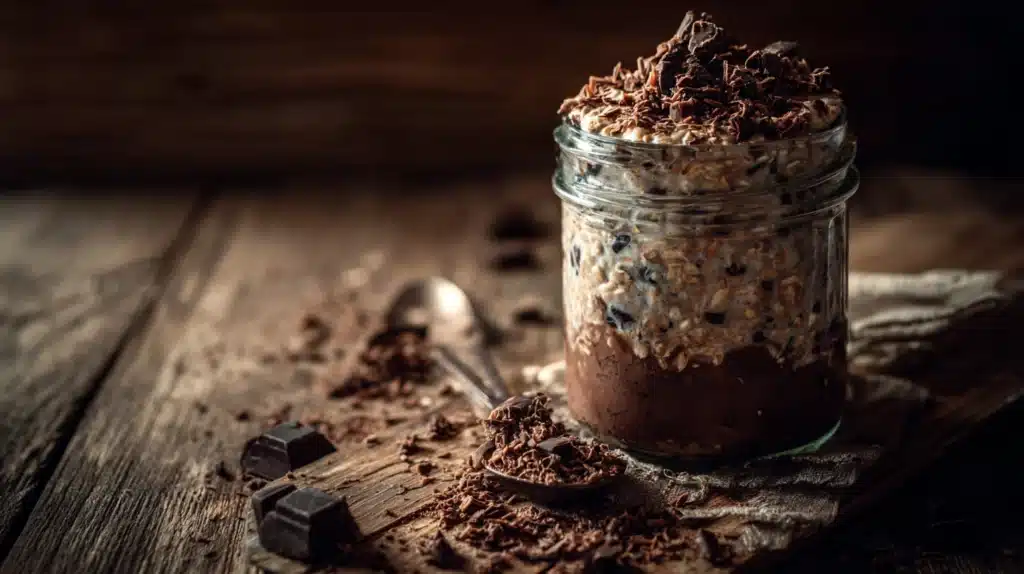 Brownie batter overnight oats with a rich chocolate color and creamy texture in a jar.