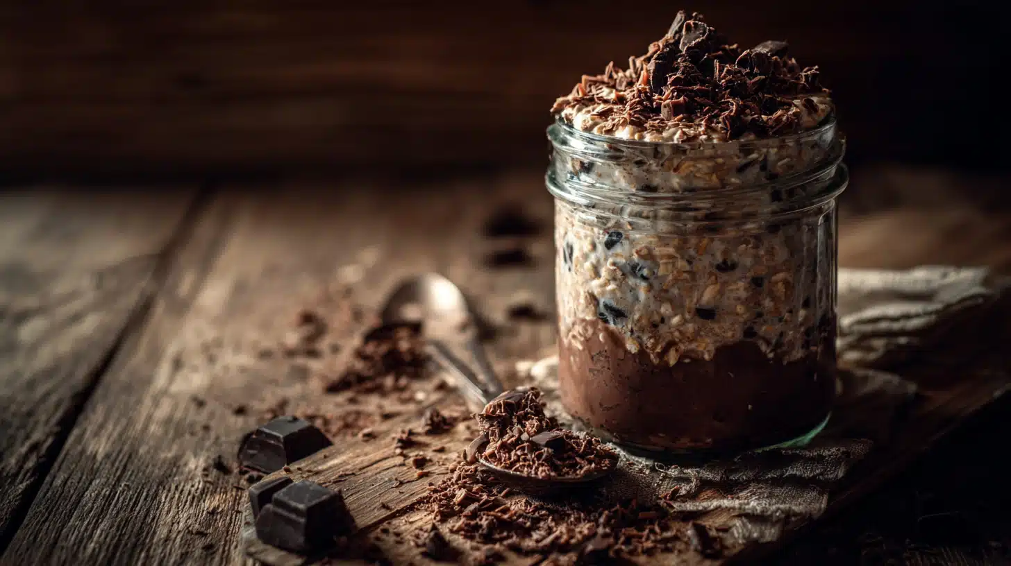 Brownie batter overnight oats with a rich chocolate color and creamy texture in a jar.