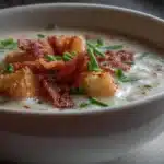 Cajun potato soup with tender potatoes, creamy broth, Cajun spices, and herbs in a bowl