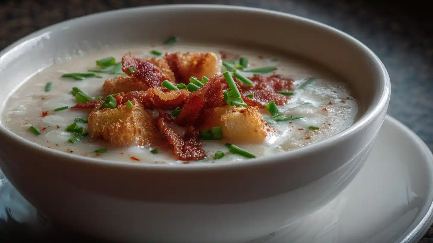 Cajun potato soup with tender potatoes, creamy broth, Cajun spices, and herbs in a bowl