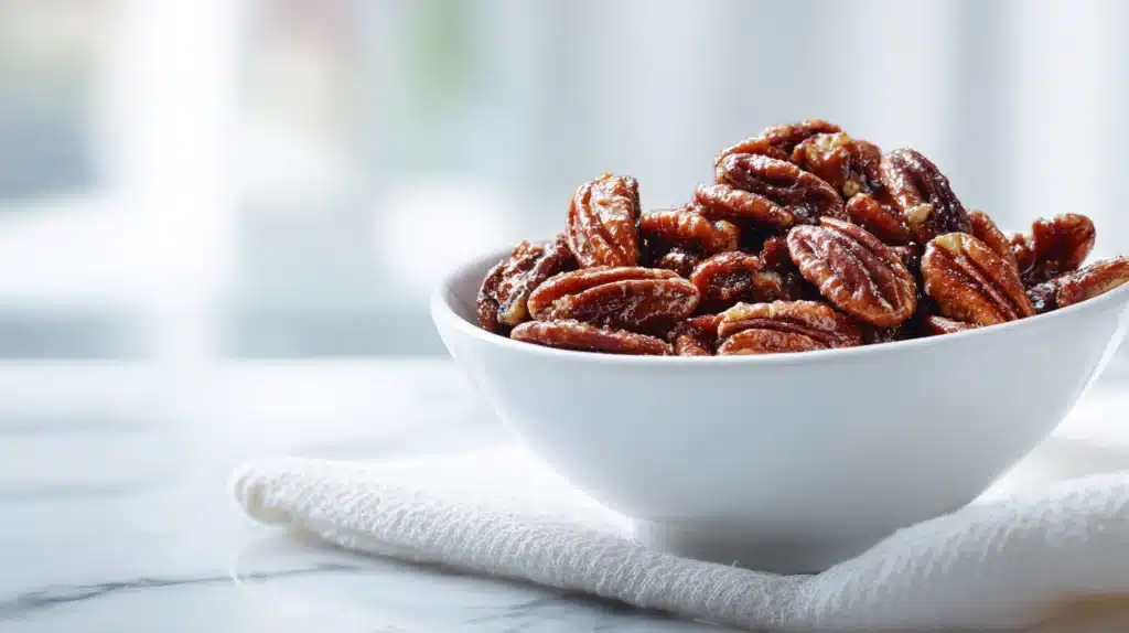 Candied pecans coated in caramelized sugar and spices, glossy and crunchy in a bowl