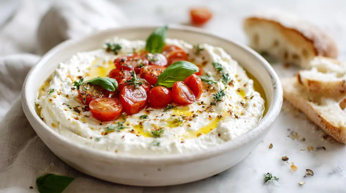 Caprese Dip Recipe: A Family-Friendly Delight! 4 Caprese dip with melted mozzarella, cherry tomatoes, basil, and balsamic drizzle in a baking dish