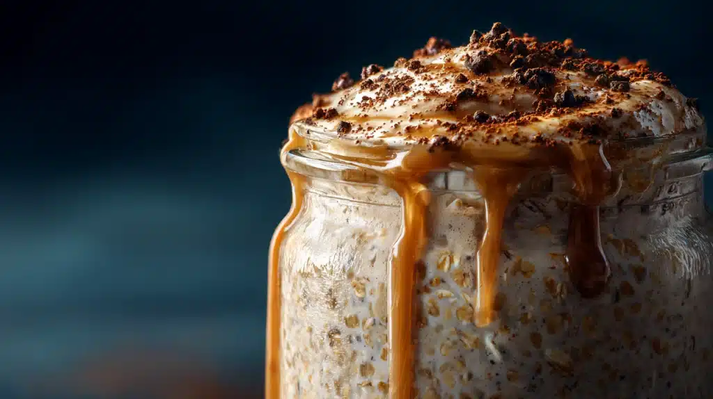 Caramel macchiato overnight oats with creamy layers and caramel drizzle in a jar.