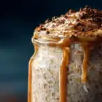 Caramel macchiato overnight oats with creamy layers and caramel drizzle in a jar.