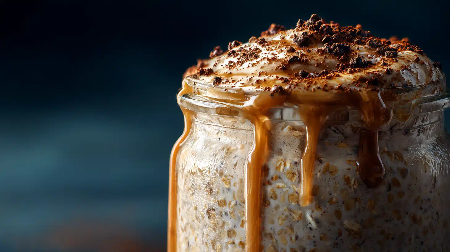 Caramel macchiato overnight oats with creamy layers and caramel drizzle in a jar.