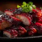 Char siu chicken glazed with sticky sweet and savory sauce, sliced and served on a plate with caramelized edges