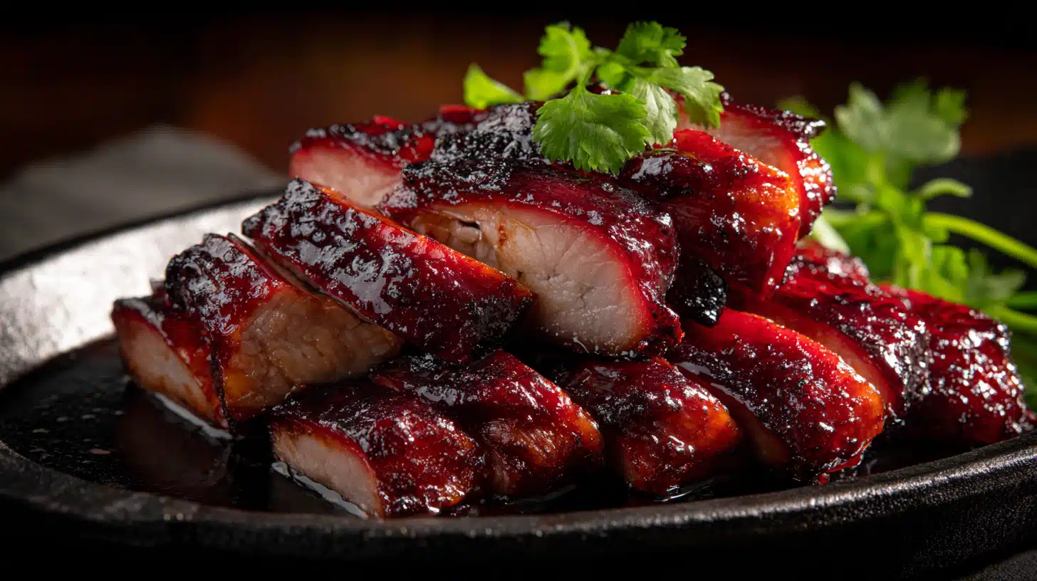 Char siu chicken glazed with sticky sweet and savory sauce, sliced and served on a plate with caramelized edges