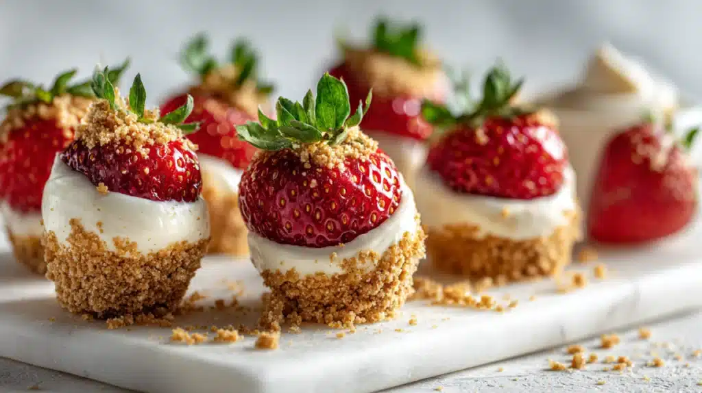 Cheesecake-stuffed strawberries filled with creamy cheesecake and garnished on a plate