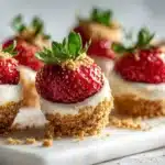 Cheesecake-stuffed strawberries filled with creamy cheesecake and garnished on a plate
