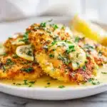 Chicken Francese with golden egg-battered chicken in lemon butter sauce garnished with parsley