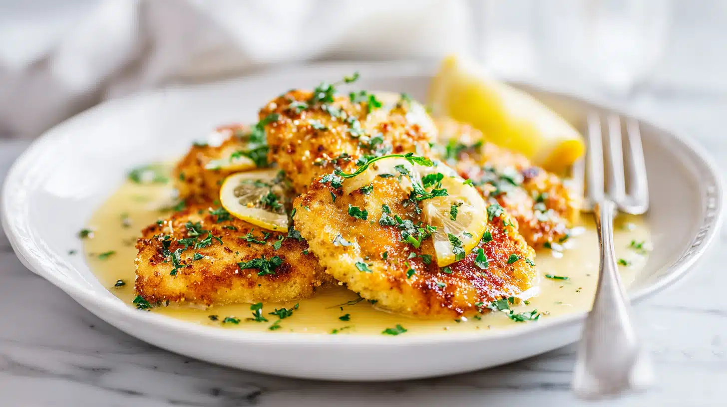 Chicken Francese with golden egg-battered chicken in lemon butter sauce garnished with parsley