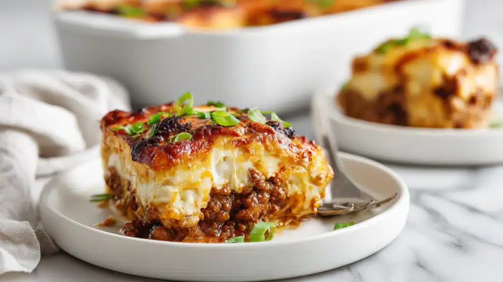 Chili stuffed casserole layered with seasoned beef, beans, cheese, and baked until bubbly