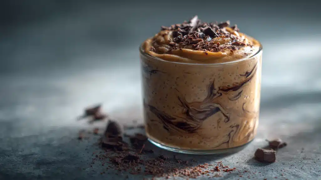 Chocolate peanut butter overnight oats with a creamy texture and chocolate drizzle in a jar.