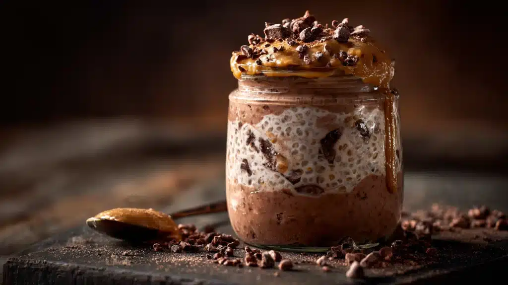 Chocolate protein overnight oats with a thick, creamy texture in a jar.