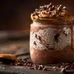 Chocolate protein overnight oats with a thick, creamy texture in a jar.