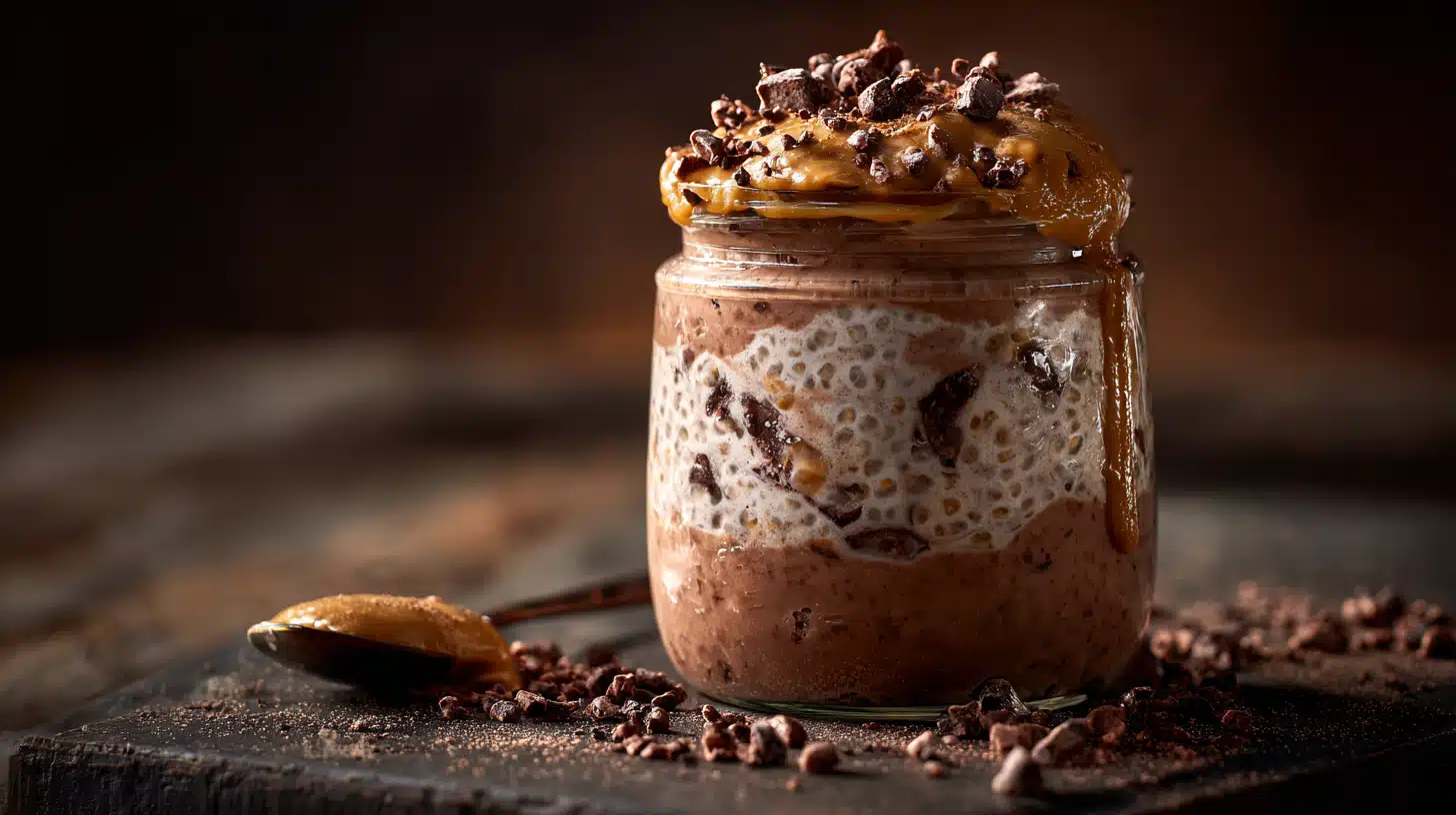 Chocolate protein overnight oats with a thick, creamy texture in a jar.