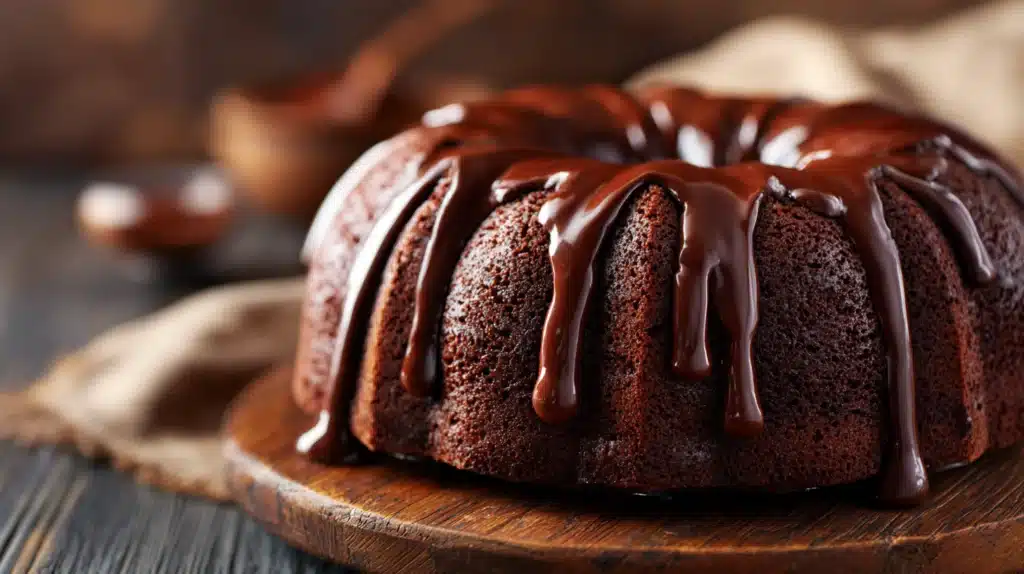 Chocolate swirl mousse Bundt cake with glossy chocolate drizzle and soft marbled interior on a cake stand